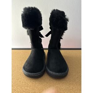 Toddler Girls Faux Suede Snow Boots | Black | Faux Fur Trim Bow Accents | Size 5